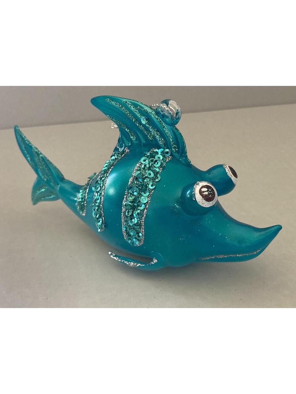 Living Quarters Glass Turquoise Blue Sparkle Fish Christmas Ornament 5.25" L